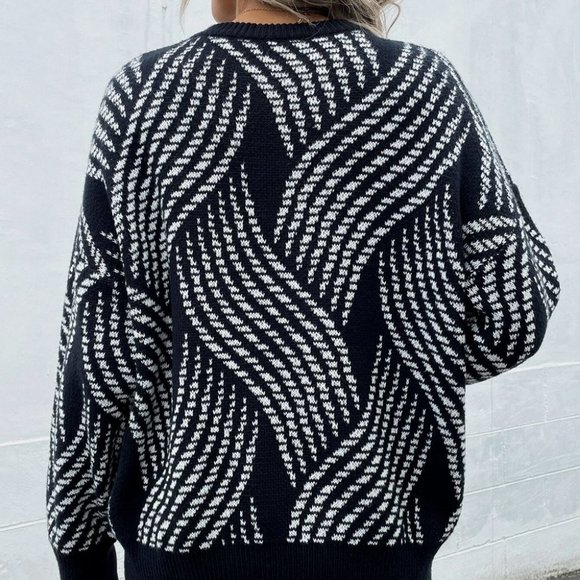 Black and White Preppy Womens Allover Pattern Drop Shoulder Sweater - Picture 2 of 5